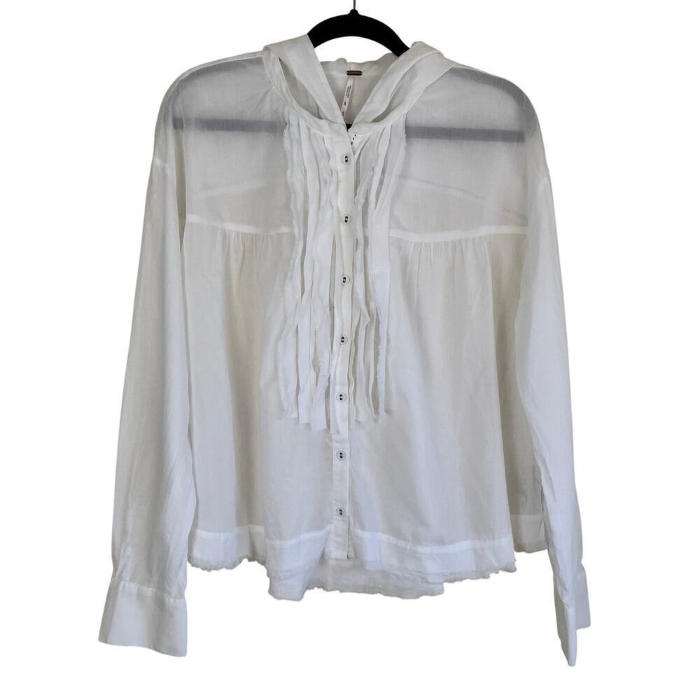 FREE PEOPLE Sz M White Breezy Button Down Shirt Hooded Blouse Raw Trims Cotton - Picture 3 of 16